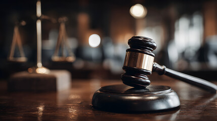 Judge&rsquo;s wooden gavel resting on desk in courtroom with scales of justice in background, representing legal authority, fairness and judicial decision-making