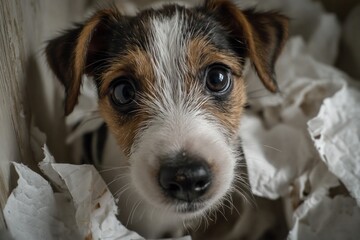 Jack russell puppy with big eyes looking out from torn toilet paper mess