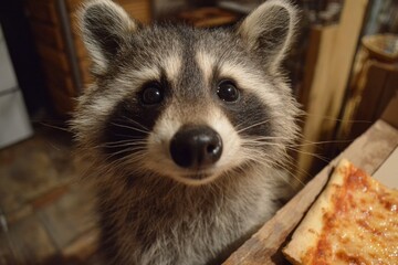 Raccoon watching pizza with a curious expression, desiring a bite