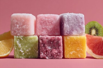 Vivid frozen fruit cubes offering a healthy and refreshing treat on a pink background