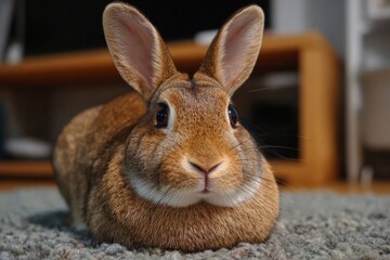 Cute domestic pet rabbit sitting on a carpet, looking forward with big eyes