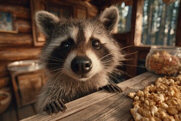 Raccoon standing on a wooden cabin deck, curiously looking at popcorn