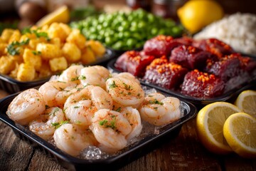 Fresh shrimp, beef, potatoes, and peas arranged for cooking