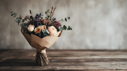 Beautiful floral bouquet wrapped in craft paper and placed on rustic wooden surface, symbolizing love, natural beauty and romantic gifting for Valentine&rsquo;s Day