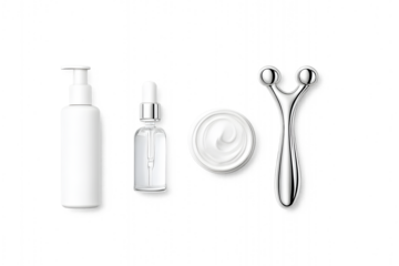 Skincare products and facial roller on isolated transparent background