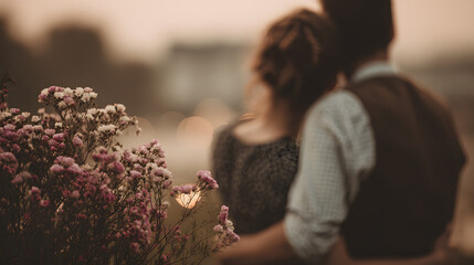 Romantic couple embracing near blooming flowers in warm evening light, symbolizing love, connection and tenderness on Valentine&rsquo;s Day