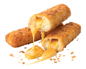 Cheese Lava Savory Stick Break: Ultra-sharp PNG of a fried savory cheese stick broken apart, hot melted cheese stretching and dripping, crisp crust texture.