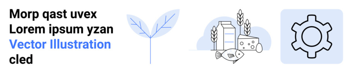 Dairy products, fish, grains, and a leaf highlight healthy food and sustainability while a gear conveys process. Ideal for sustainability, health, nutrition, eco-living, food industry process