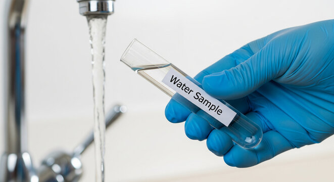 Close-up of a scientist's gloved hand collecting a tap water sample in a test tube for chemical purity analysis and sanitary quality control