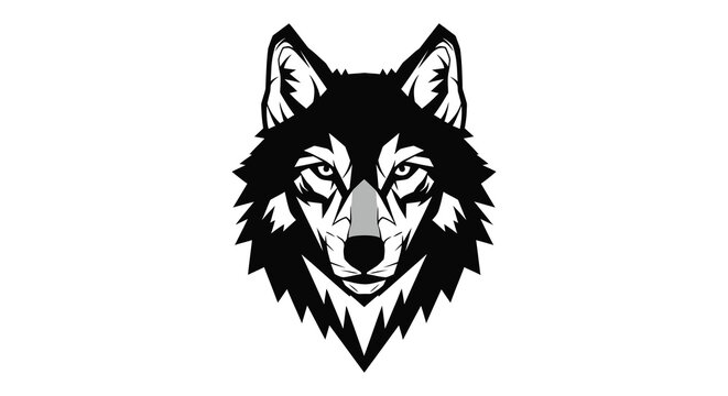 Detailed black and white illustration of a wolf s head with intense gaze