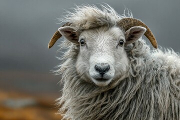 Obraz premium Sheep standing looking at the camera wearing thick, shaggy wool and curved horns