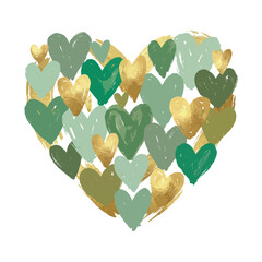 Abstract Green and Gold Painted Heart Made of Brushstroke Hearts