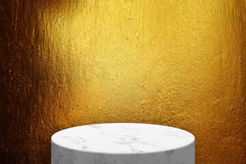 White Marble Product Display Podium on a Shiny Gold Textured Background.