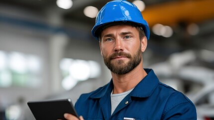 Construction worker using tablet in industrial setting focused on safety and efficiency workshop environment professional viewpoint