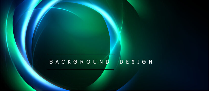 Abstract neon circles over dark background. Vibrant green, blue hues create modern design element. Text reads background design.