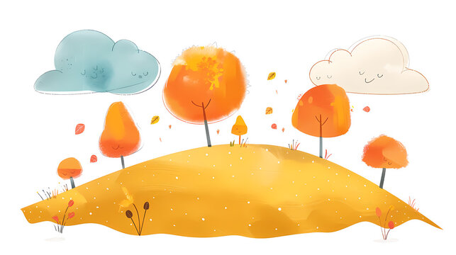 Autumnal Watercolor Hillside Landscape