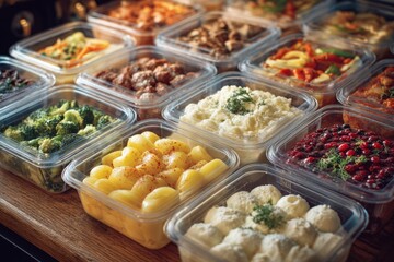 Variety of fresh cooked food portions in transparent containers for meal prep delivery system