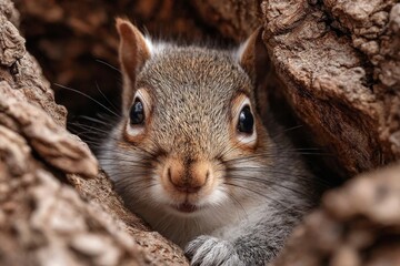 Curious squirrel peeking from a tree trunk hole, showing wildlife in natural habitat