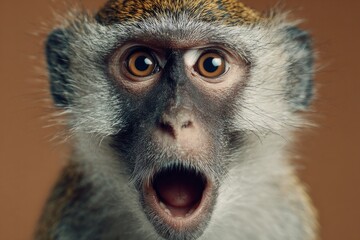 Primate face showing shocked reaction with wide eyes and open jaw on brown background