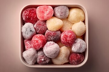 Assorted sugared round candies creating a vibrant sweet background from a top view