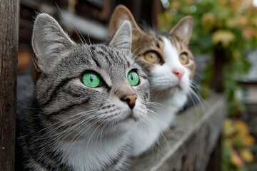 Cats focusing attention upwards, observing with interest and alertness from outdoors
