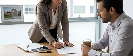 Professional businesswoman assisting client signing important legal documents in modern office for real estate purchase concept and official agreement