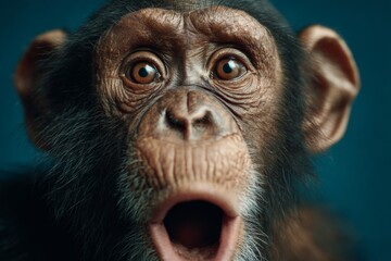 Young chimpanzee animal primate showing a surprised, wide-eyed expression with its mouth open