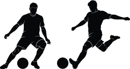 Soccer player silhouettes dribbling and kicking ball, football action poses set, athletic sport competition vector illustration isolated black white © Mst