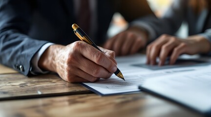 Close up of a businessman signing an official legal contract with a gold pen on a wooden desk for important business deal concept