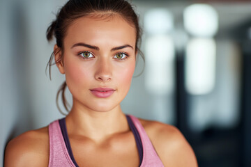 Young woman with green eyes in workout clothes, great for fitness posters, wellness articles, lifestyle blogs, and sports advertisements.
