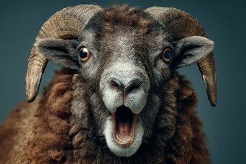Ram sheep looking surprised with wide eyes and open mouth against a gray background