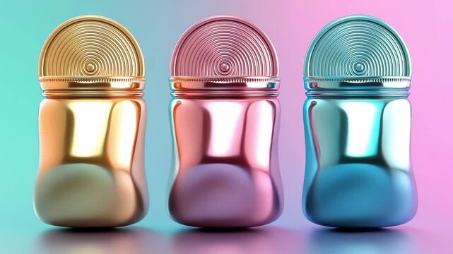 Three jars with shiny surfaces are arranged in a row against a colorful gradient background highlighting their distinct colors