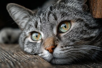 Close-up of a domestic tabby cat with captivating green eyes looking intently