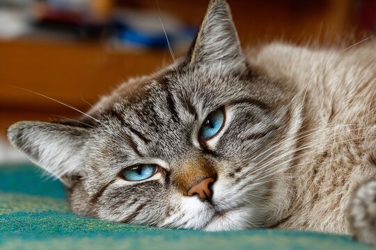 Domestic cat with tabby markings and blue eyes relaxing on a green blanket - Powered by Adobe