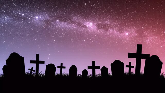 A graveyard silhouette at night under a sky full of stars.