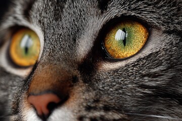 Close-up of a tabby cat's face showing its striking yellow and green eyes