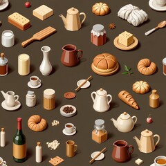Seamless pattern of breakfast and tea sets on a dark brown background