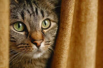 Tabby cat with bright green eyes curiously peeking out from behind a textured curtain