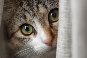 Tabby cat peeking from behind a white curtain, showing curiosity and playfulness