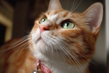 Ginger tabby cat with bright green eyes and a pink collar looking up, showing alertness