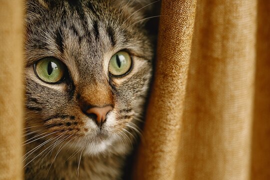 Tabby cat with bright green eyes curiously peeking out from behind a textured curtain - Powered by Adobe