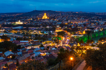 Tbilisi Night Cityscape Panorama With Sameba Cathedral At Blue Hour © Vadim Volodin