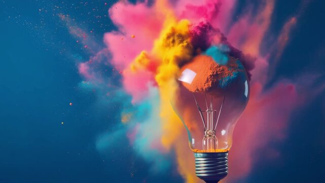 Color powder explodes from a light bulb illustrating creativity with colors in a studio environment during an artistic project
