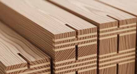 Closeup of structural glue lines and precise cuts in engineered wooden beams illustrating advanced mass timber manufacturing.