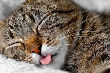 Adorable tabby cat taking a nap, showing its pink tongue in a funny blep