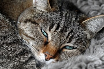 Domestic cat relaxing on a furry textile, showing comfort and peacefulness
