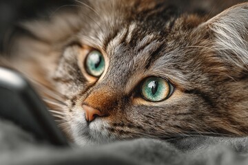 Brown tabby cat with striking green eyes observing its surroundings with curiosity