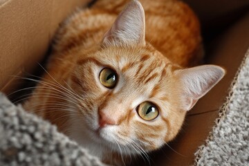 Orange tabby cat relaxing in cardboard box looking curious