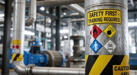 Closeup of safety signage and colorcoded hazard labels in a chemical plant highlighting adherence to training standards and workplace safety.
