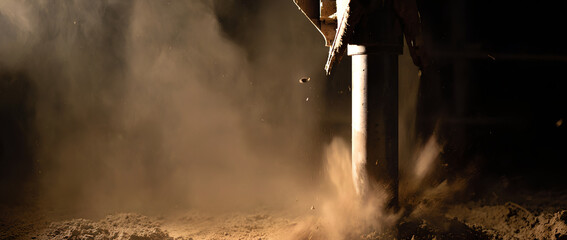 Close-up of industrial drill kicking up dust and debris